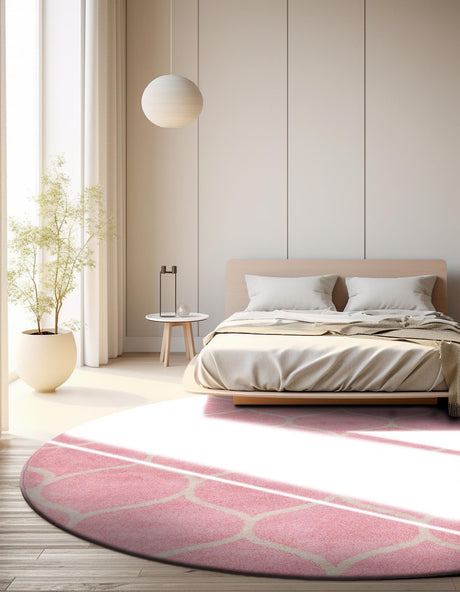 Light Pink 7' 1 x 7' 1 Trellis Frieze Round Area Rug Geometric Modern Unique Stain Resistant Easy Clean Carpet for Living, Dining, Bedrooms, Office for Sale at Rug Engine