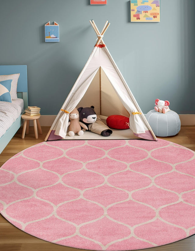 Light Pink 7' 1 x 7' 1 Trellis Frieze Round Area Rug Geometric Modern Unique Stain Resistant Easy Clean Carpet for Living, Dining, Bedrooms, Office for Sale at Rug Engine