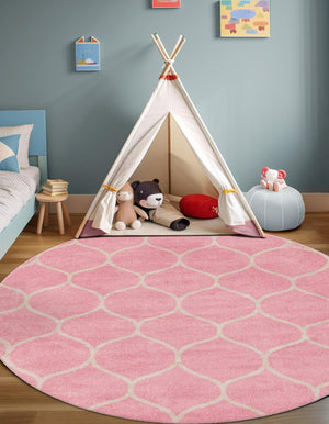 Light Pink 7' 10 x 7' 10 Trellis Frieze Round Area Rug Geometric Modern Unique Stain Resistant Easy Clean Carpet for Living, Dining, Bedrooms, Office for Sale at Rug Engine