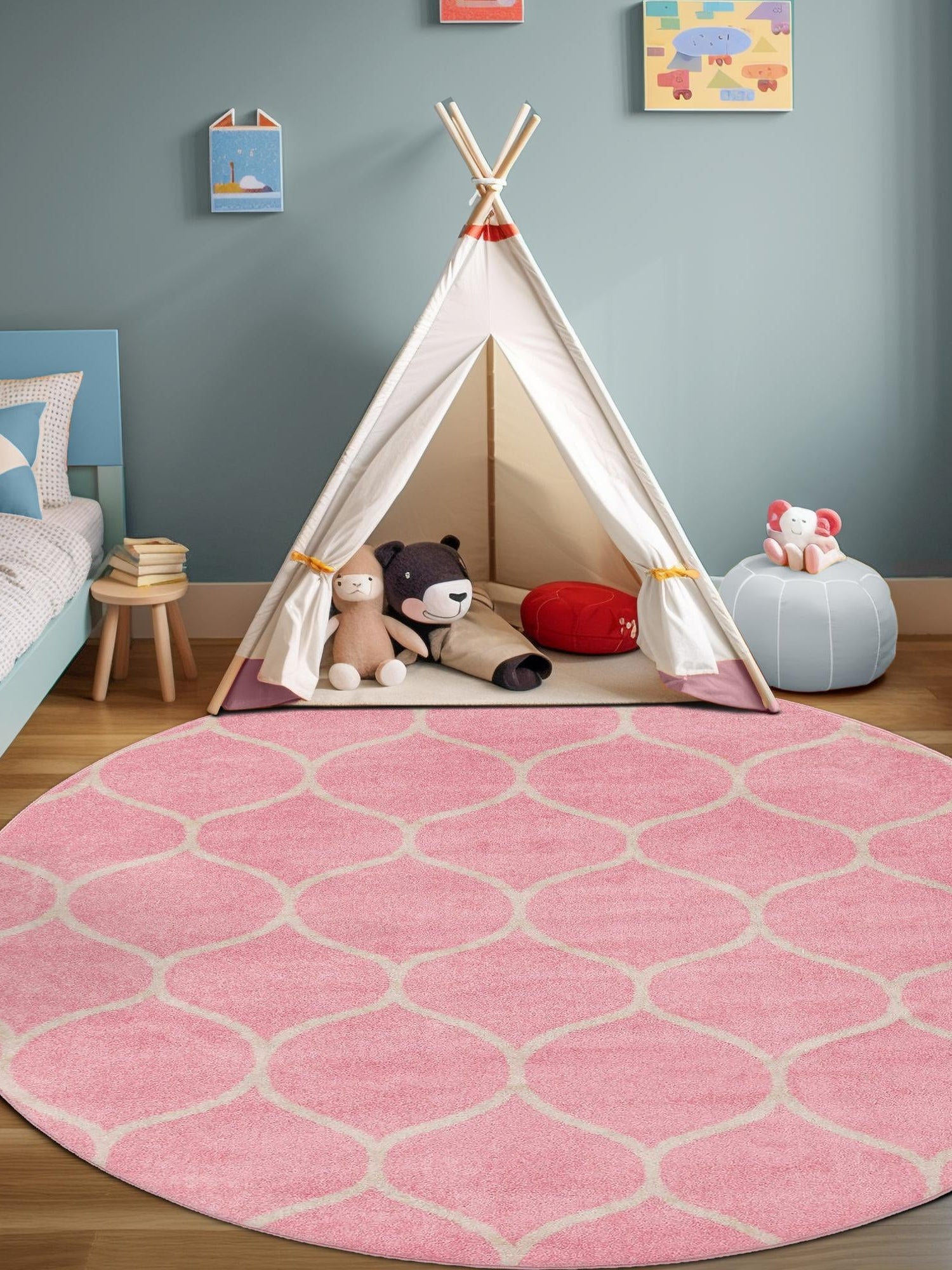 Light Pink 6' 1 x 6' 1 Trellis Frieze Round Area Rug Geometric Modern Unique Stain Resistant Easy Clean Carpet for Living, Dining, Bedrooms, Office for Sale at Rug Engine