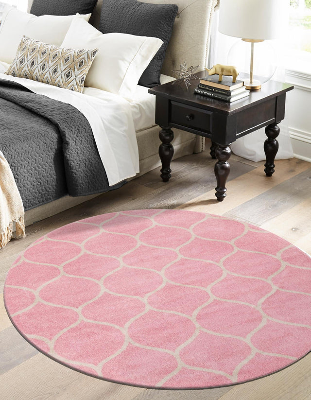 Light Pink 7' 1 x 7' 1 Trellis Frieze Round Area Rug Geometric Modern Unique Stain Resistant Easy Clean Carpet for Living, Dining, Bedrooms, Office for Sale at Rug Engine