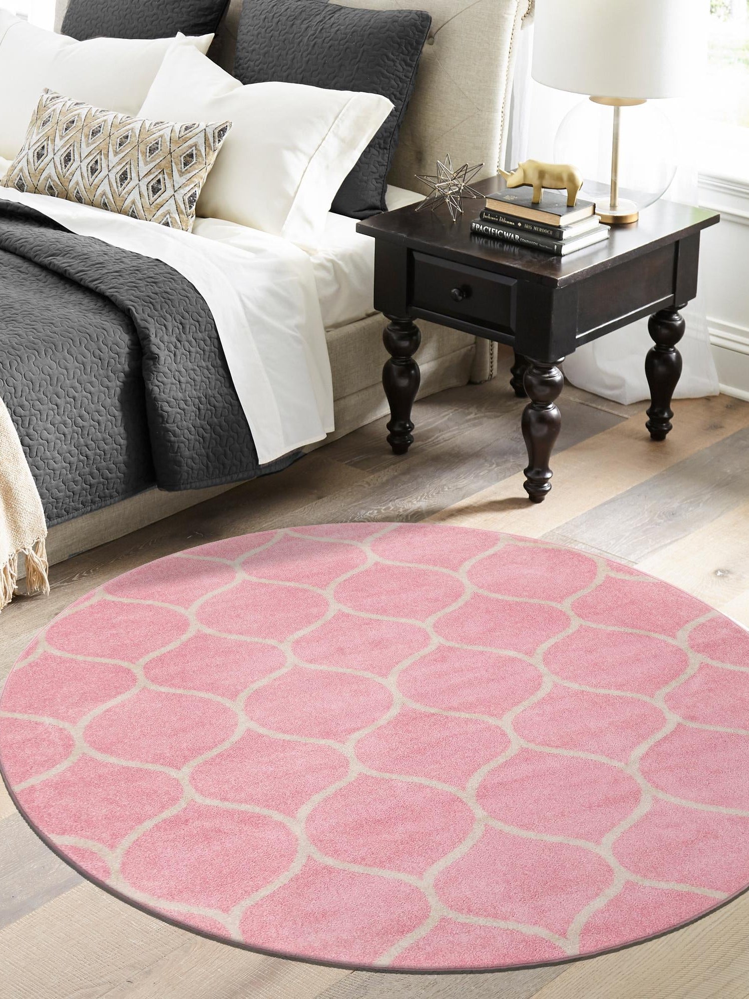Light Pink 3' 1 x 3' 1 Trellis Frieze Round Area Rug Geometric Modern Unique Stain Resistant Easy Clean Carpet for Living, Dining, Bedrooms, Office for Sale at Rug Engine