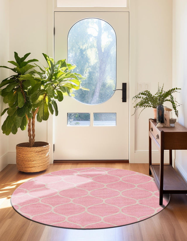 Light Pink 4' 1 x 4' 1 Trellis Frieze Round Area Rug Geometric Modern Unique Stain Resistant Easy Clean Carpet for Living, Dining, Bedrooms, Office for Sale at Rug Engine