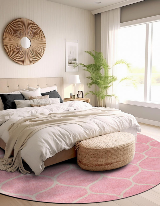 Light Pink 4' 1 x 4' 1 Trellis Frieze Round Area Rug Geometric Modern Unique Stain Resistant Easy Clean Carpet for Living, Dining, Bedrooms, Office for Sale at Rug Engine