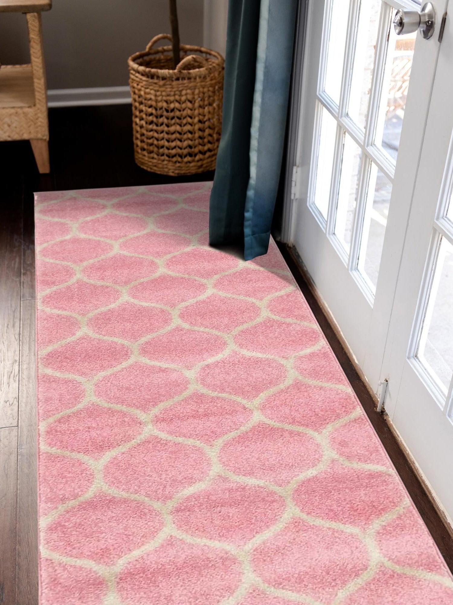 Light Pink 2' x 10' Trellis Frieze Runner Area Rug Geometric Modern Unique Stain Resistant Easy Clean Carpet for Living, Dining, Bedrooms, Office for Sale at Rug Engine