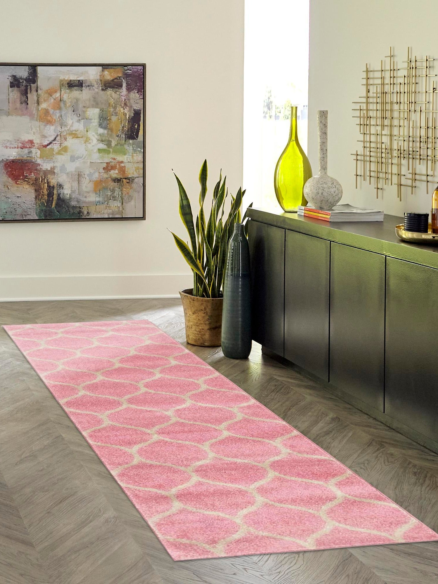 Light Pink 2' x 13' 1 Trellis Frieze Runner Area Rug Geometric Modern Unique Stain Resistant Easy Clean Carpet for Living, Dining, Bedrooms, Office for Sale at Rug Engine