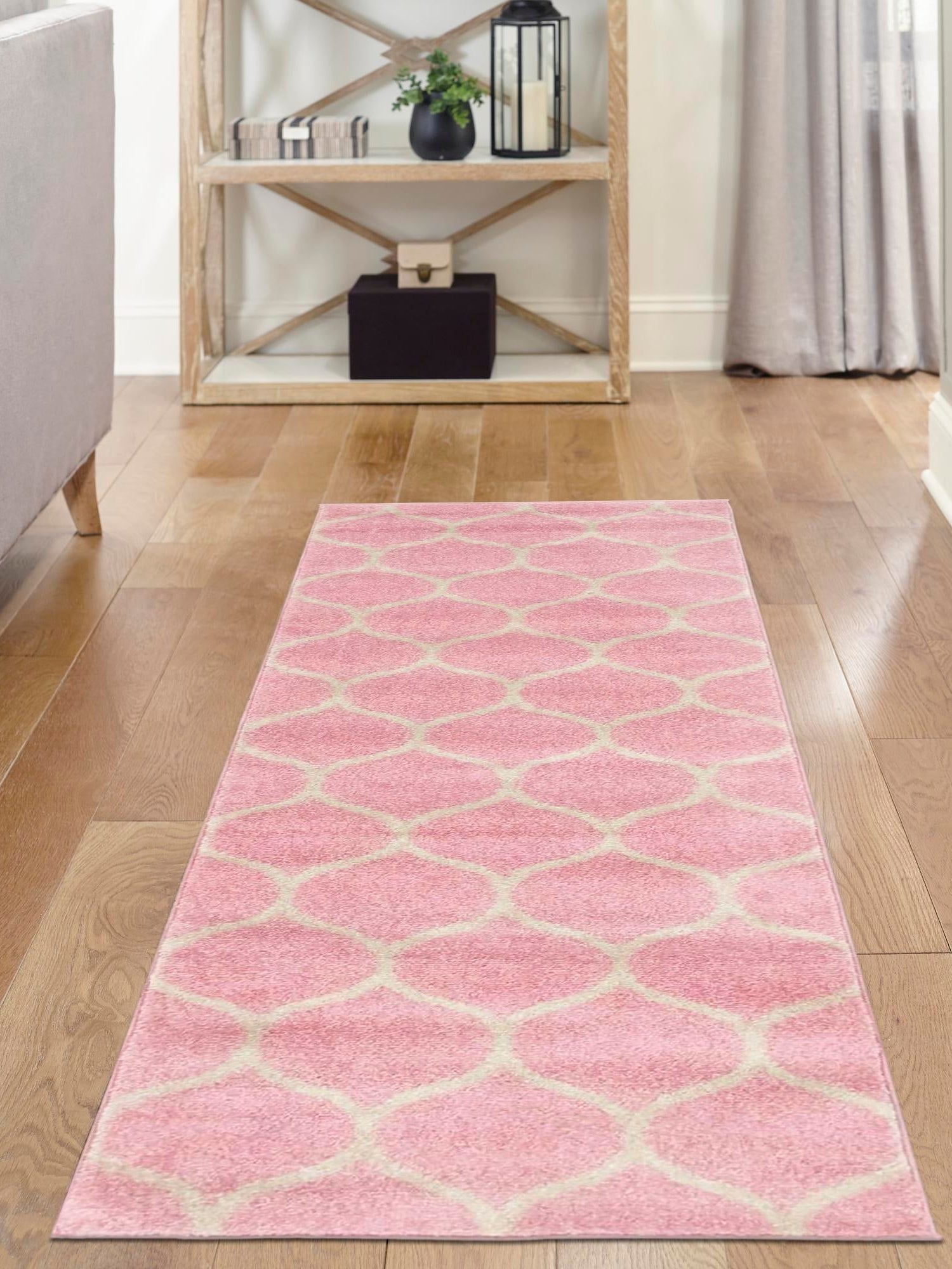 Light Pink 2' x 6' 1 Trellis Frieze Runner Area Rug Geometric Modern Unique Stain Resistant Easy Clean Carpet for Living, Dining, Bedrooms, Office for Sale at Rug Engine