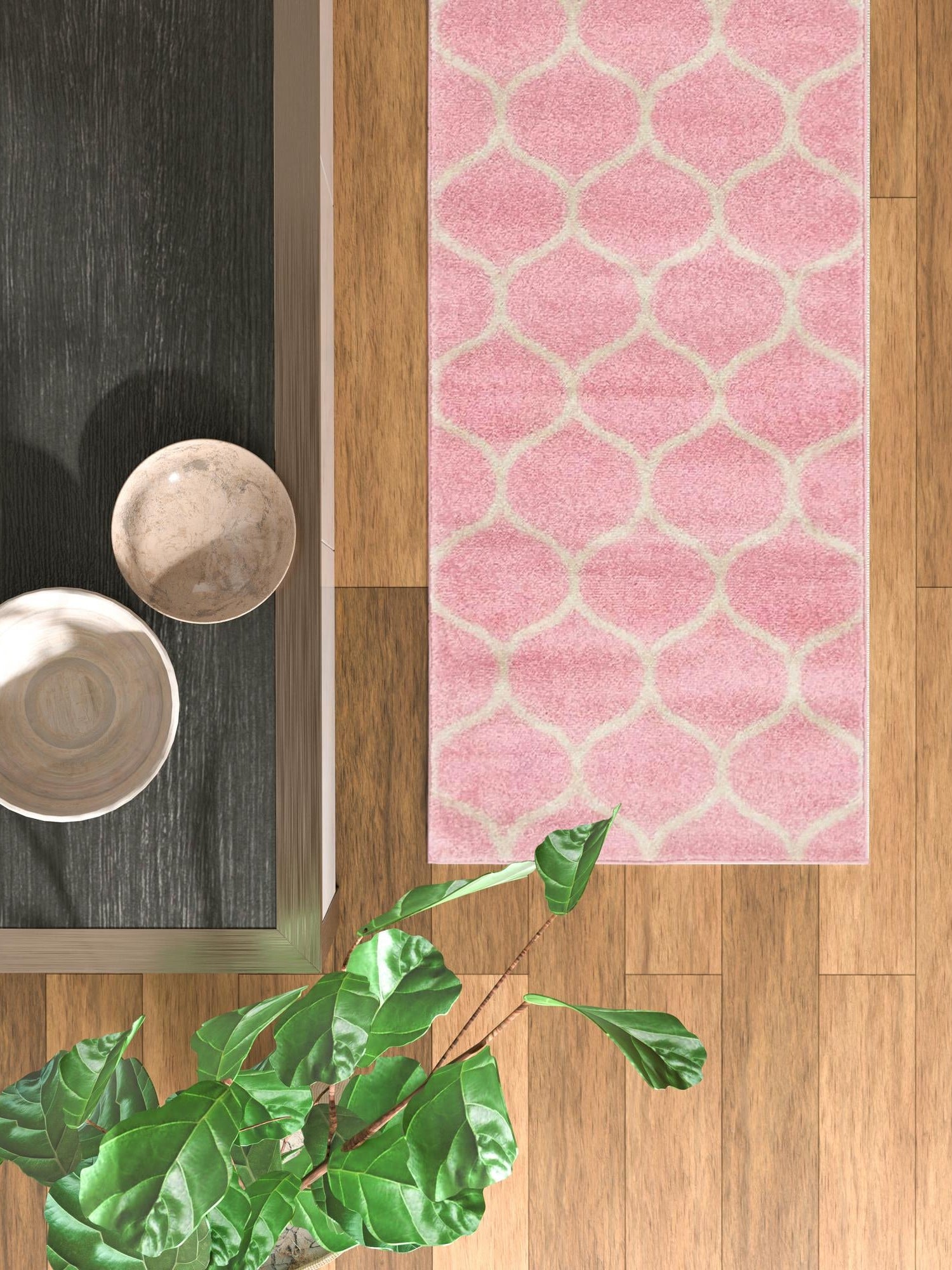 Light Pink 2' x 6' 1 Trellis Frieze Runner Area Rug Geometric Modern Unique Stain Resistant Easy Clean Carpet for Living, Dining, Bedrooms, Office for Sale at Rug Engine