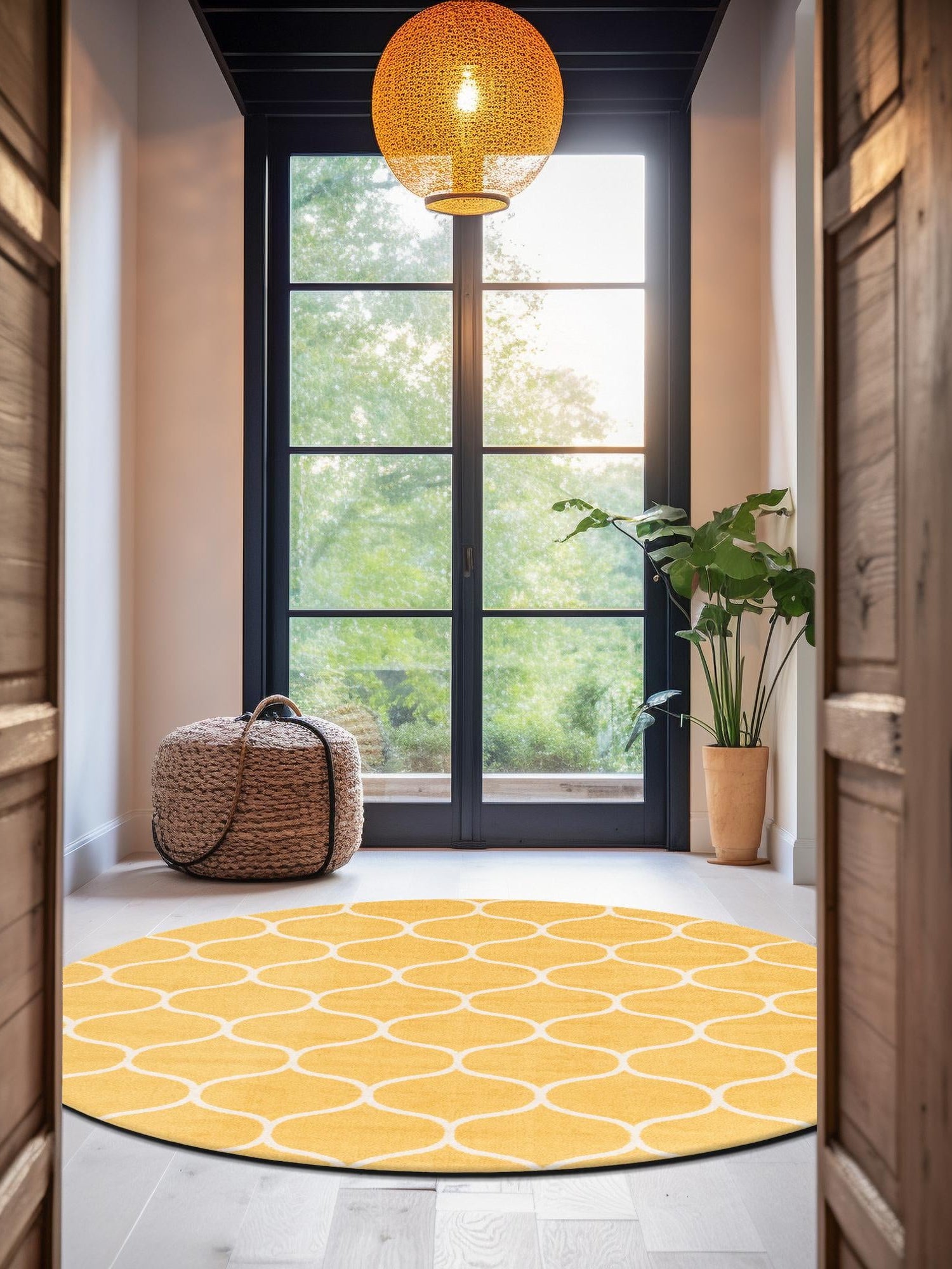 Yellow 6' 1 x 6' 1 Trellis Frieze Round Area Rug Geometric Modern Unique Stain Resistant Easy Clean Carpet for Living, Dining, Bedrooms, Office for Sale at Rug Engine