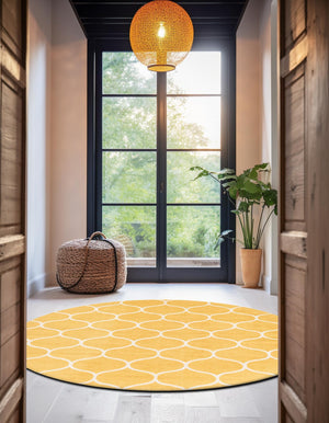 Yellow 7' 10 x 7' 10 Trellis Frieze Round Area Rug Geometric Modern Unique Stain Resistant Easy Clean Carpet for Living, Dining, Bedrooms, Office for Sale at Rug Engine