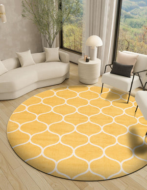 Yellow 7' 1 x 7' 1 Trellis Frieze Round Area Rug Geometric Modern Unique Stain Resistant Easy Clean Carpet for Living, Dining, Bedrooms, Office for Sale at Rug Engine
