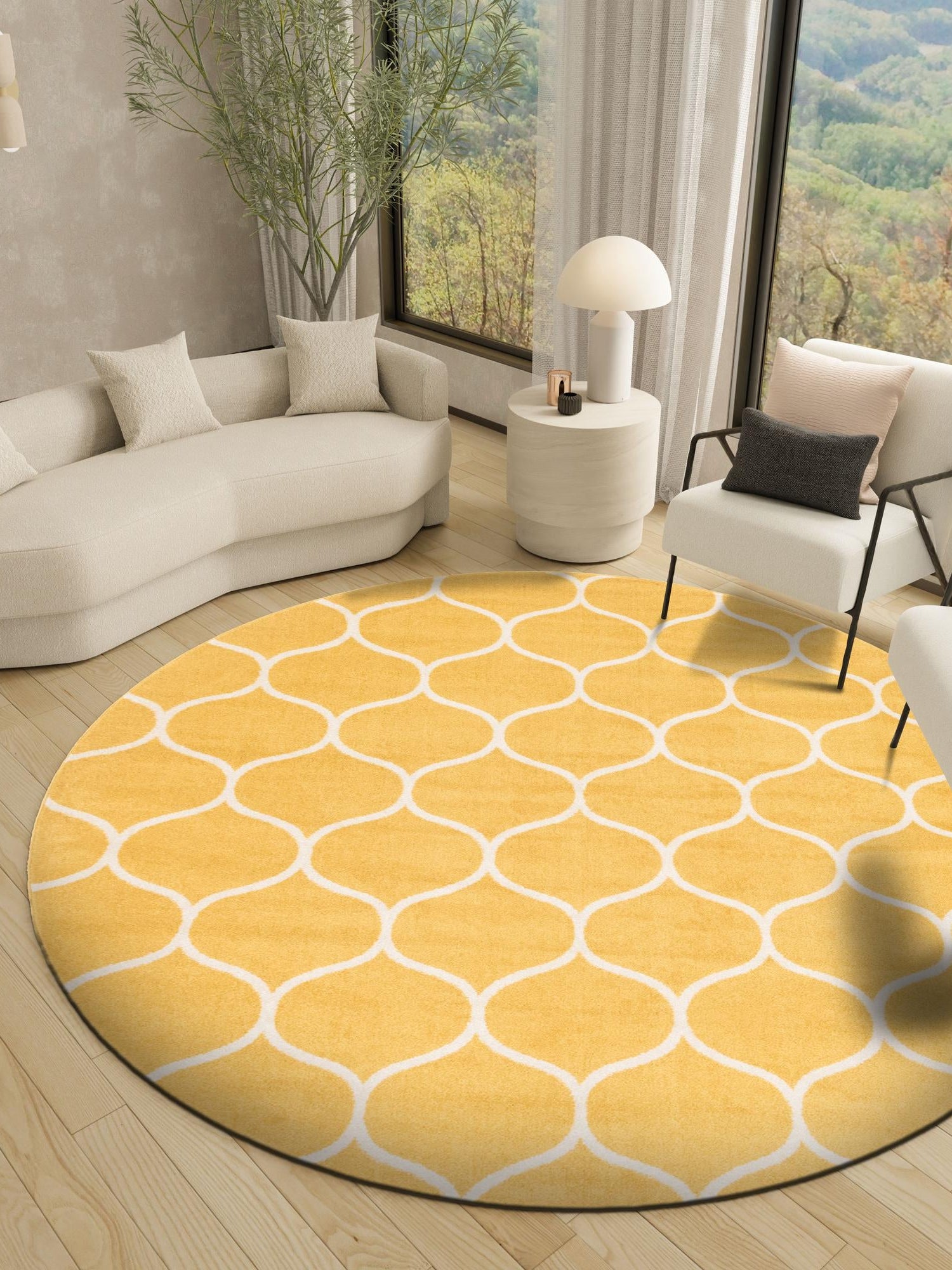 Yellow 7' 10 x 7' 10 Trellis Frieze Round Area Rug Geometric Modern Unique Stain Resistant Easy Clean Carpet for Living, Dining, Bedrooms, Office for Sale at Rug Engine