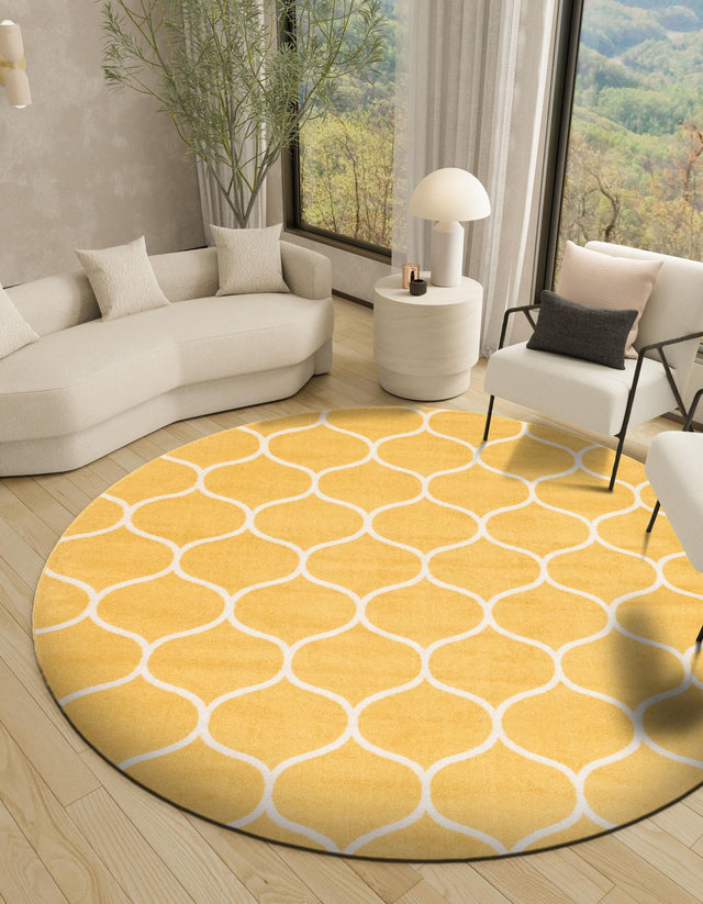 Yellow 7' 10 x 7' 10 Trellis Frieze Round Area Rug Geometric Modern Unique Stain Resistant Easy Clean Carpet for Living, Dining, Bedrooms, Office for Sale at Rug Engine