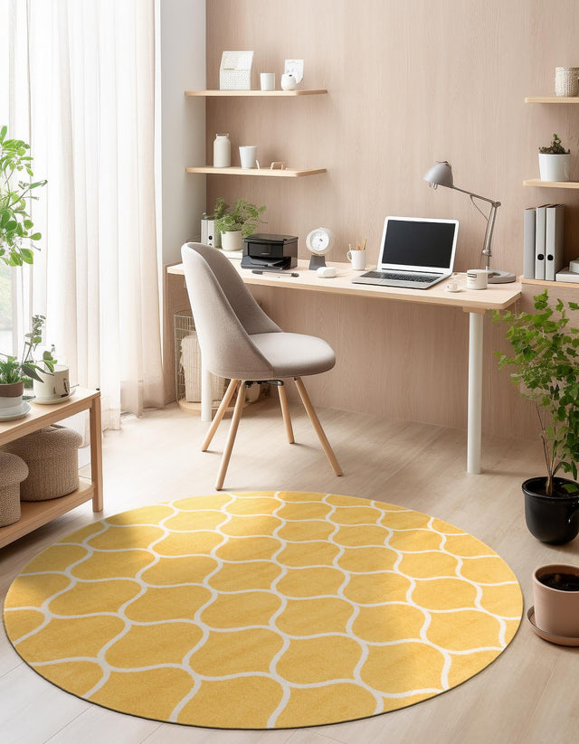 Yellow 4' 1 x 4' 1 Trellis Frieze Round Area Rug Geometric Modern Unique Stain Resistant Easy Clean Carpet for Living, Dining, Bedrooms, Office for Sale at Rug Engine