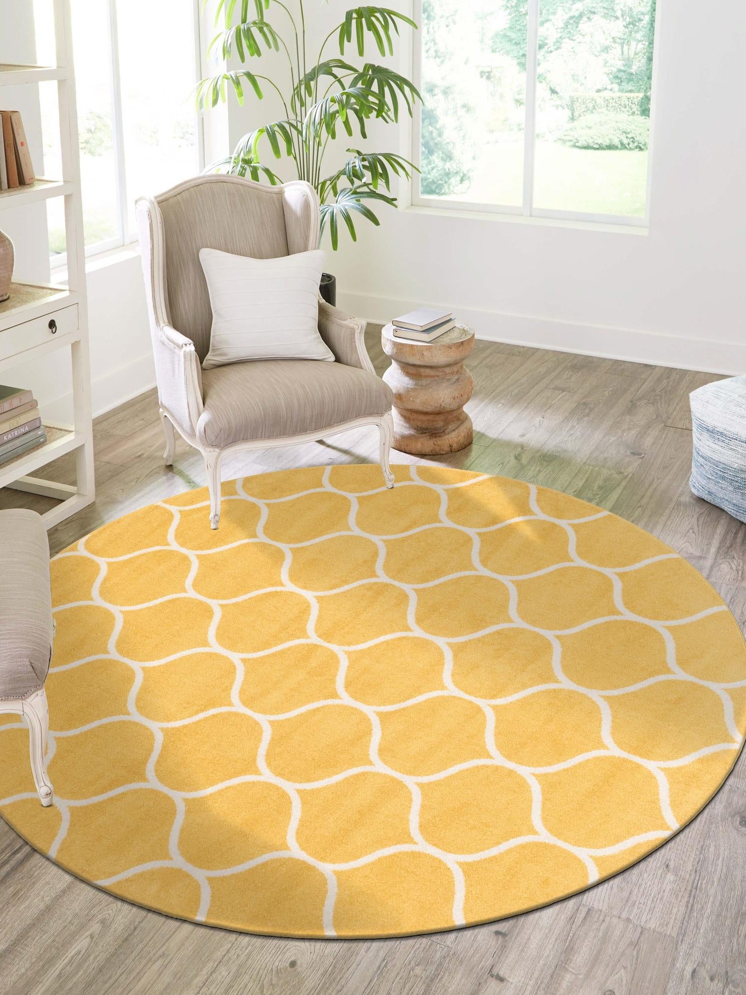 Yellow 6' 1 x 6' 1 Trellis Frieze Round Area Rug Geometric Modern Unique Stain Resistant Easy Clean Carpet for Living, Dining, Bedrooms, Office for Sale at Rug Engine