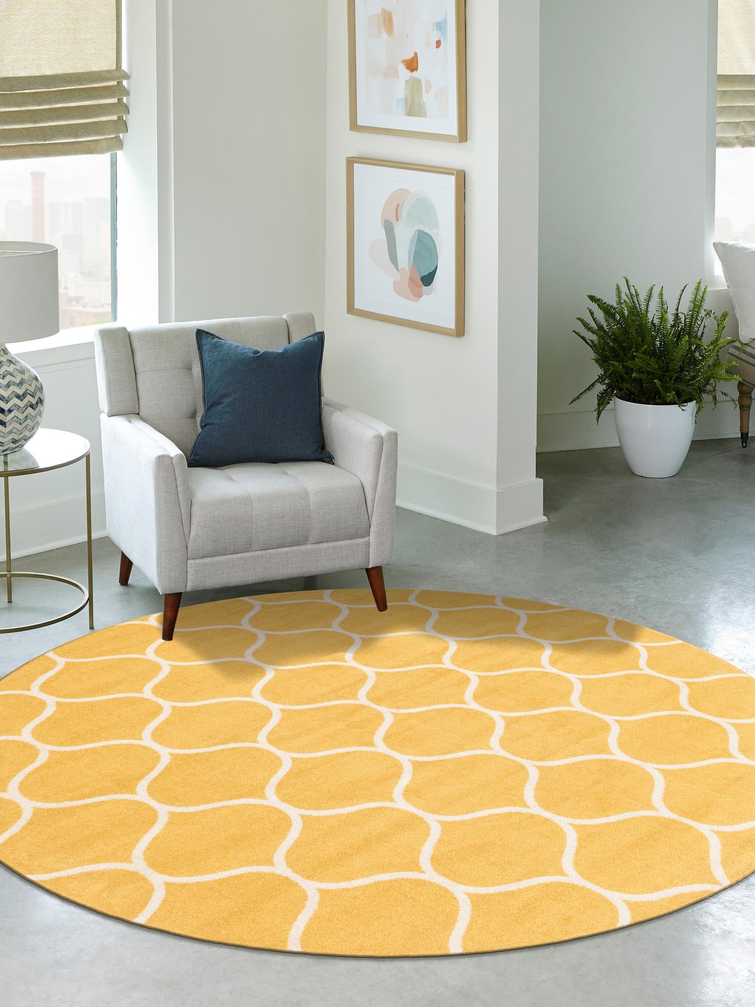 Yellow 4' 1 x 4' 1 Trellis Frieze Round Area Rug Geometric Modern Unique Stain Resistant Easy Clean Carpet for Living, Dining, Bedrooms, Office for Sale at Rug Engine
