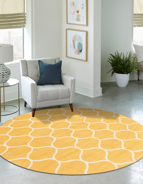 Yellow 4' 1 x 4' 1 Trellis Frieze Round Area Rug Geometric Modern Unique Stain Resistant Easy Clean Carpet for Living, Dining, Bedrooms, Office for Sale at Rug Engine
