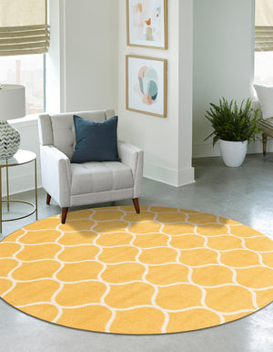 Yellow 7' 10 x 7' 10 Trellis Frieze Round Area Rug Geometric Modern Unique Stain Resistant Easy Clean Carpet for Living, Dining, Bedrooms, Office for Sale at Rug Engine