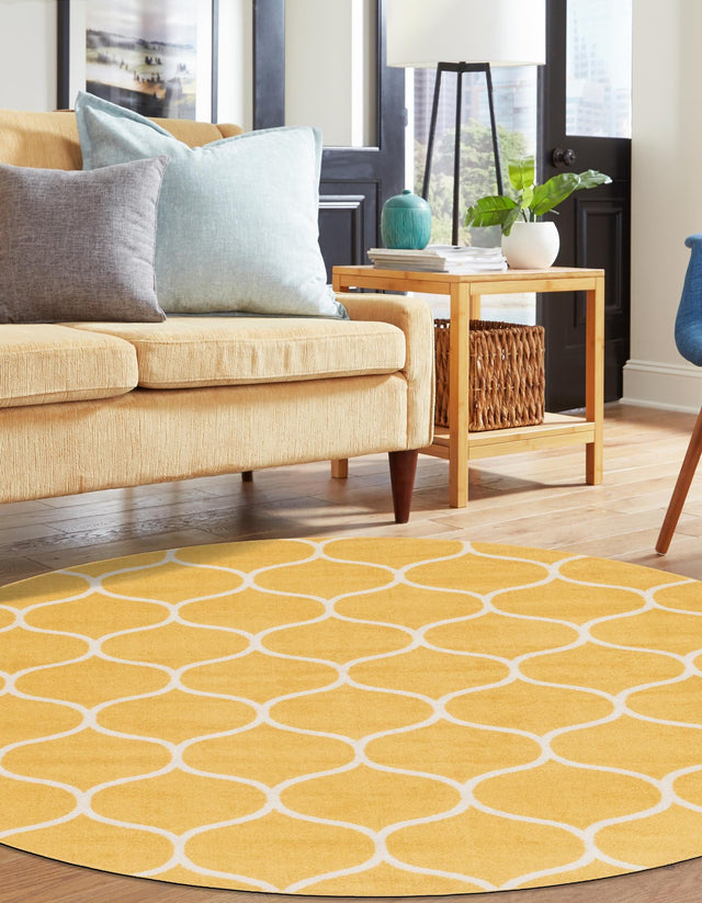 Yellow 7' 1 x 7' 1 Trellis Frieze Round Area Rug Geometric Modern Unique Stain Resistant Easy Clean Carpet for Living, Dining, Bedrooms, Office for Sale at Rug Engine