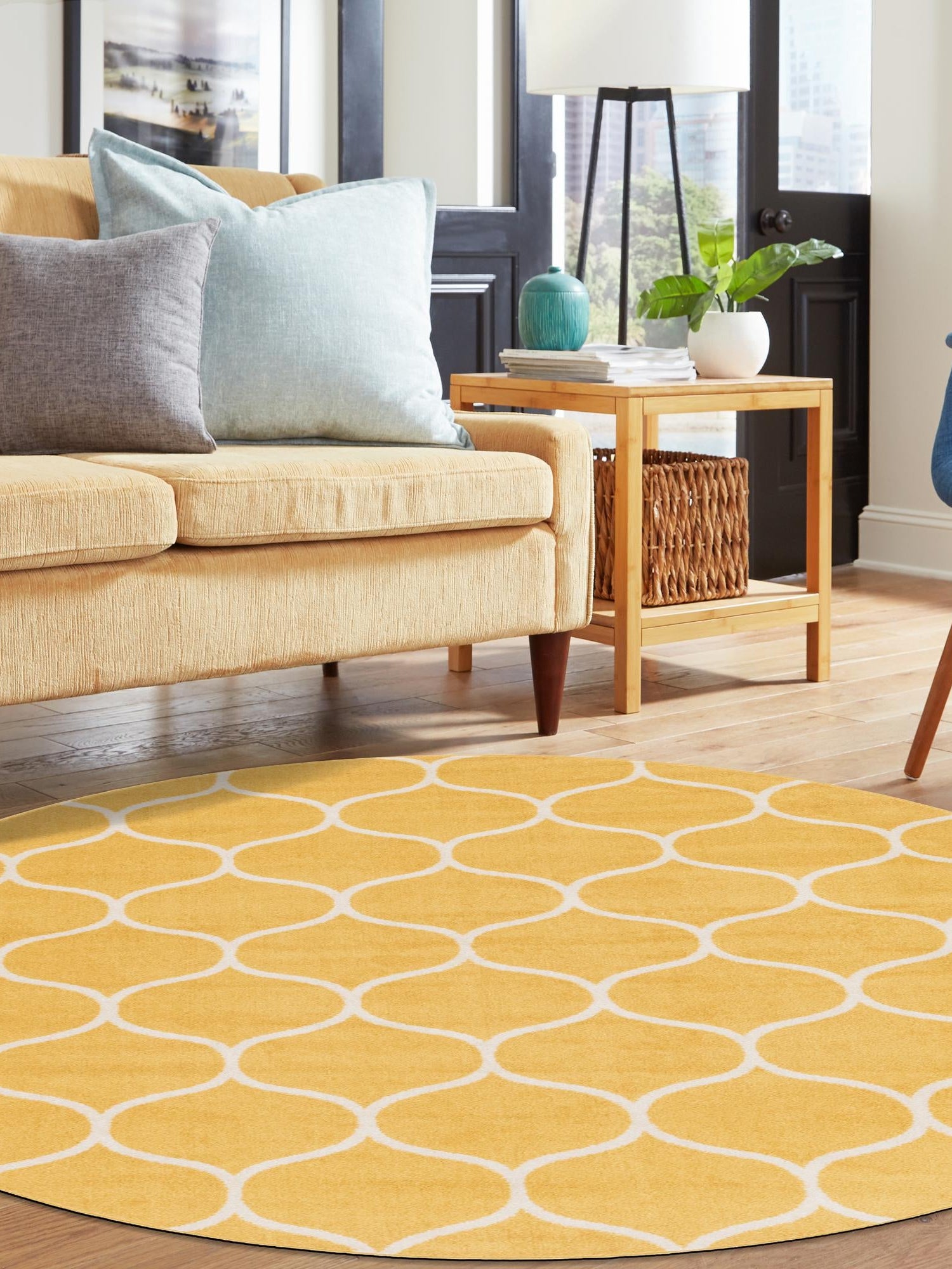 Yellow 6' 1 x 6' 1 Trellis Frieze Round Area Rug Geometric Modern Unique Stain Resistant Easy Clean Carpet for Living, Dining, Bedrooms, Office for Sale at Rug Engine