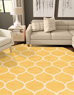 Yellow 7' 1 x 7' 1 Trellis Frieze Round Area Rug Geometric Modern Unique Stain Resistant Easy Clean Carpet for Living, Dining, Bedrooms, Office for Sale at Rug Engine