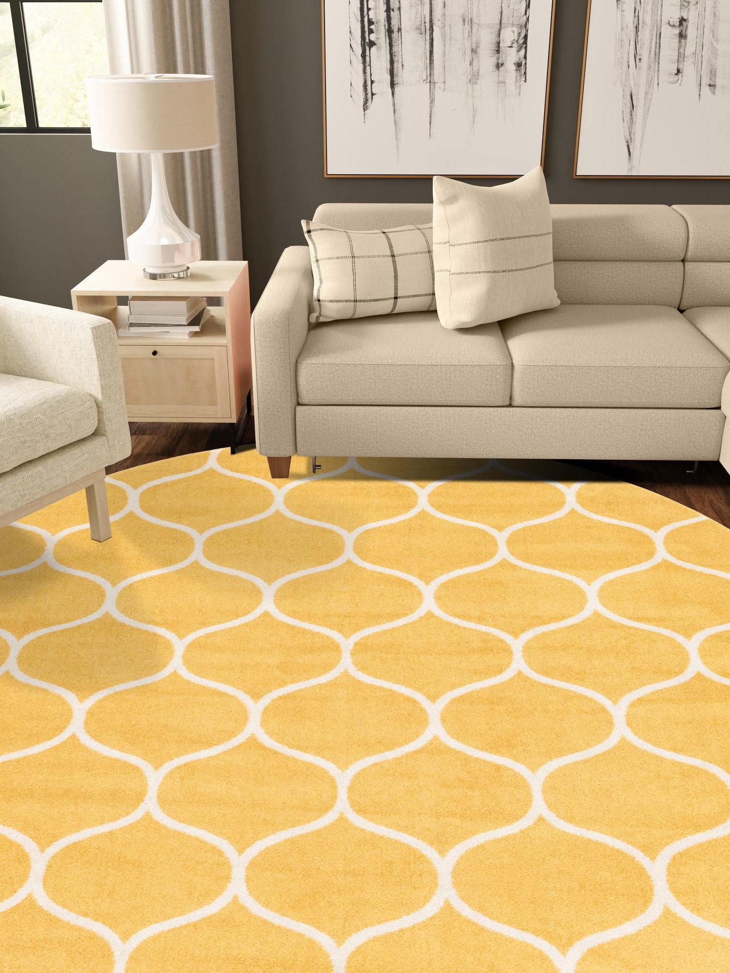Yellow 7' 10 x 7' 10 Trellis Frieze Round Area Rug Geometric Modern Unique Stain Resistant Easy Clean Carpet for Living, Dining, Bedrooms, Office for Sale at Rug Engine