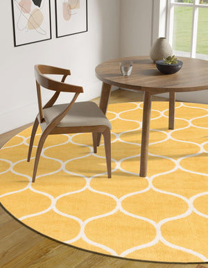 Yellow 7' 1 x 7' 1 Trellis Frieze Round Area Rug Geometric Modern Unique Stain Resistant Easy Clean Carpet for Living, Dining, Bedrooms, Office for Sale at Rug Engine