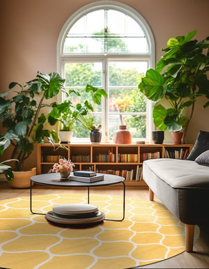 Yellow 4' 1 x 4' 1 Trellis Frieze Round Area Rug Geometric Modern Unique Stain Resistant Easy Clean Carpet for Living, Dining, Bedrooms, Office for Sale at Rug Engine