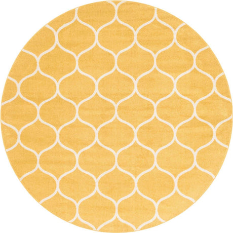 Yellow 4' 1 x 4' 1 Trellis Frieze Round Area Rug Geometric Modern Unique Stain Resistant Easy Clean Carpet for Living, Dining, Bedrooms, Office for Sale at Rug Engine