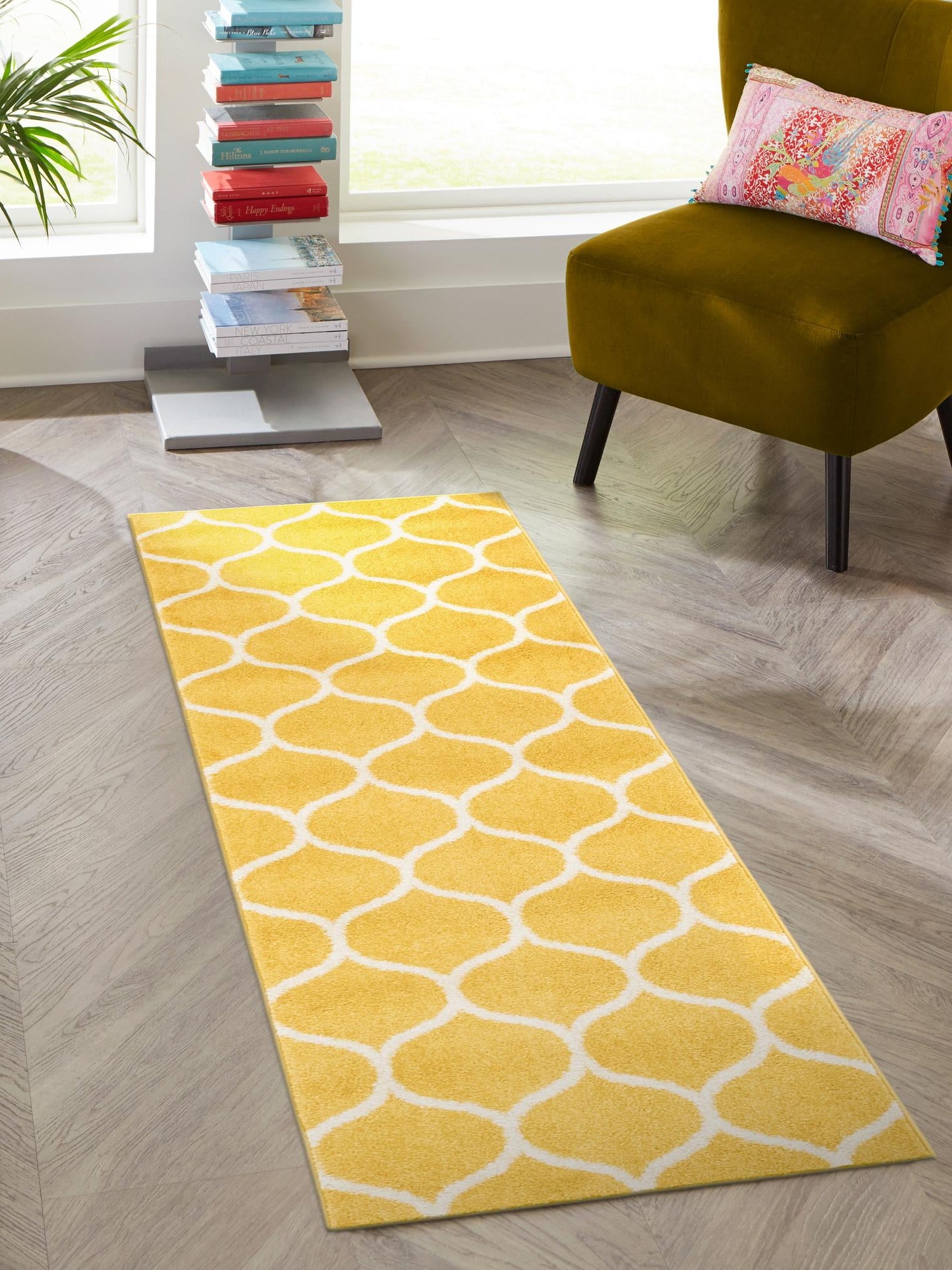 Yellow 2' x 10' Trellis Frieze Runner Area Rug Geometric Modern Unique Stain Resistant Easy Clean Carpet for Living, Dining, Bedrooms, Office for Sale at Rug Engine