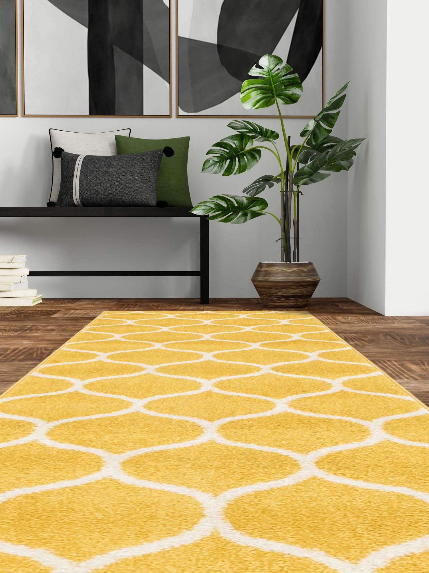 Yellow 2' x 13' 1 Trellis Frieze Runner Area Rug Geometric Modern Unique Stain Resistant Easy Clean Carpet for Living, Dining, Bedrooms, Office for Sale at Rug Engine