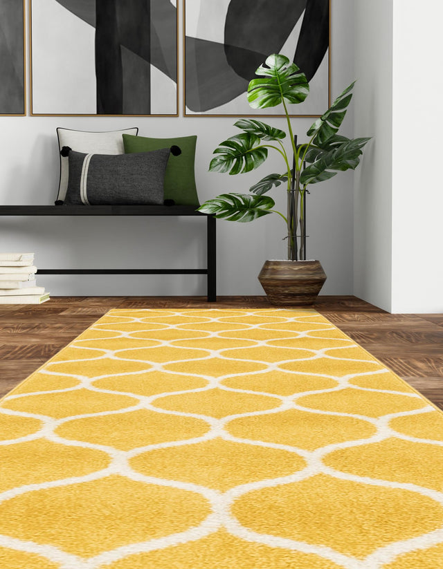Yellow 2' x 13' 1 Trellis Frieze Runner Area Rug Geometric Modern Unique Stain Resistant Easy Clean Carpet for Living, Dining, Bedrooms, Office for Sale at Rug Engine