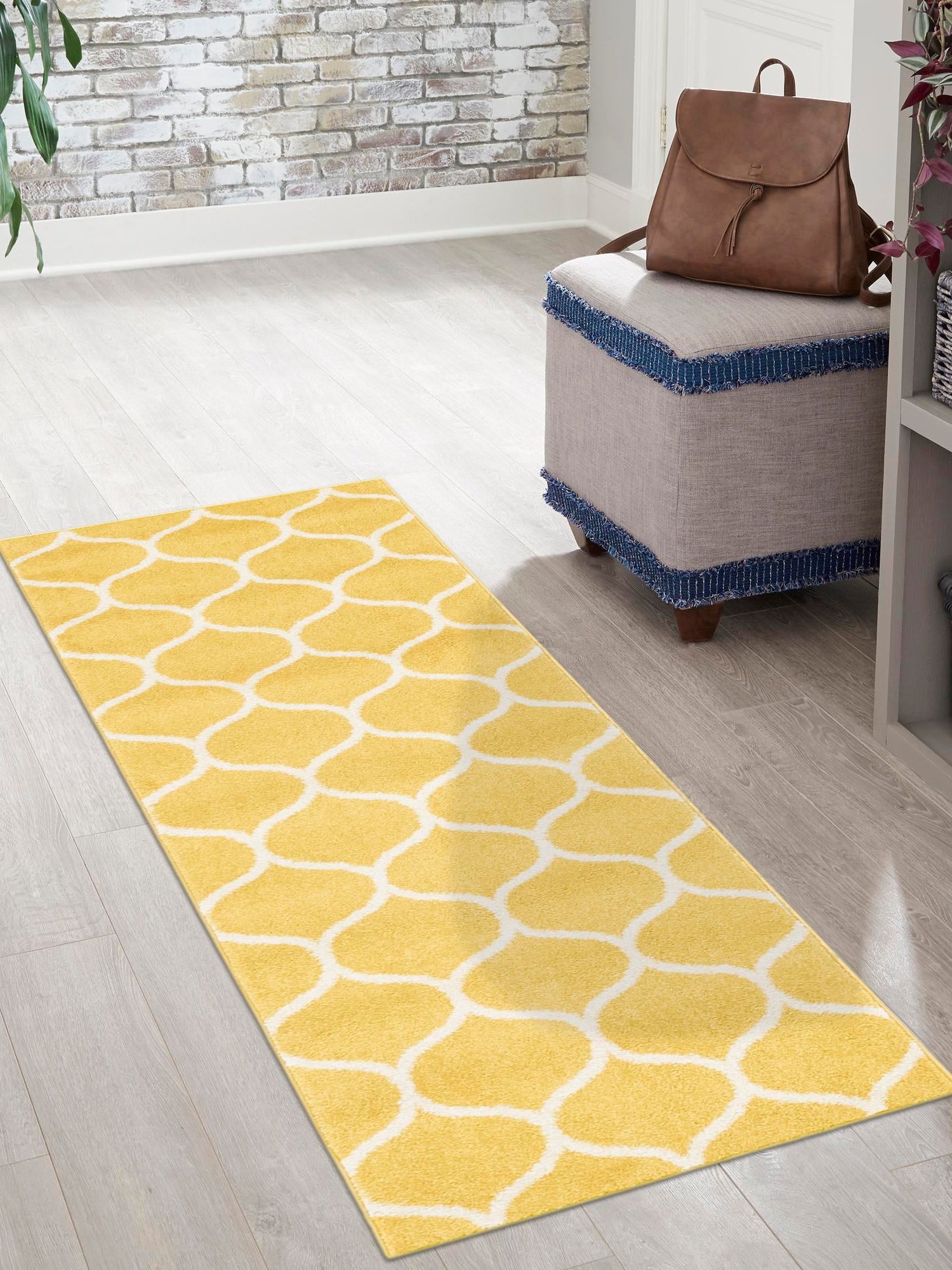 Yellow 2' x 13' 1 Trellis Frieze Runner Area Rug Geometric Modern Unique Stain Resistant Easy Clean Carpet for Living, Dining, Bedrooms, Office for Sale at Rug Engine
