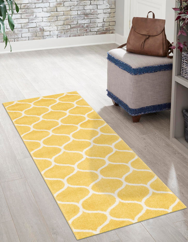 Yellow 2' x 13' 1 Trellis Frieze Runner Area Rug Geometric Modern Unique Stain Resistant Easy Clean Carpet for Living, Dining, Bedrooms, Office for Sale at Rug Engine