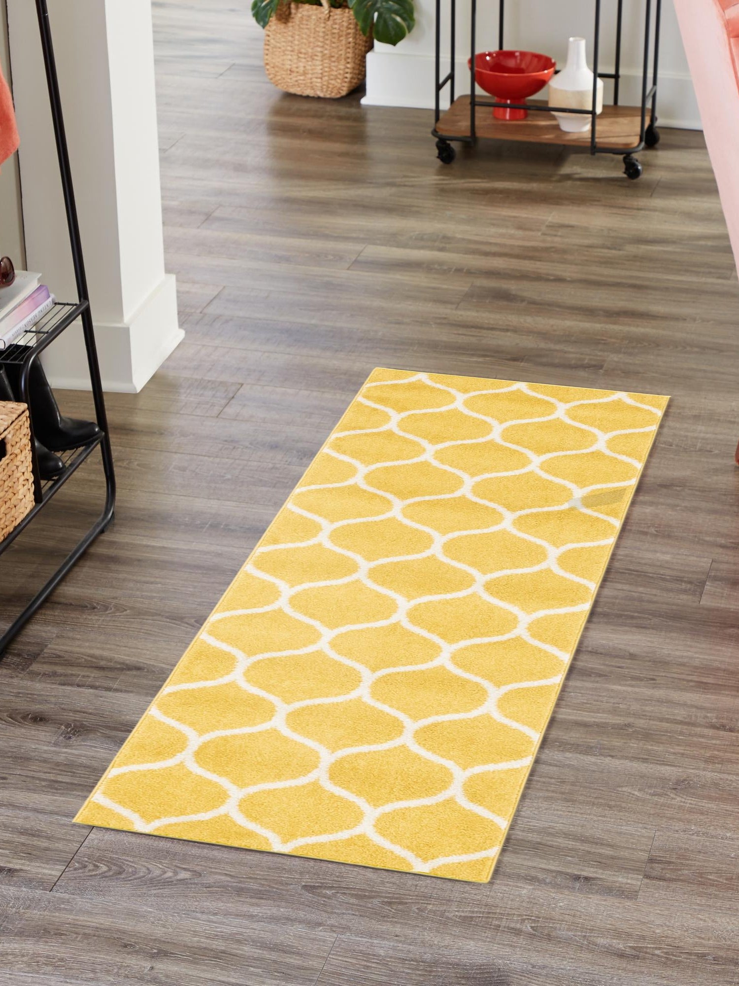 Yellow 2' x 10' Trellis Frieze Runner Area Rug Geometric Modern Unique Stain Resistant Easy Clean Carpet for Living, Dining, Bedrooms, Office for Sale at Rug Engine