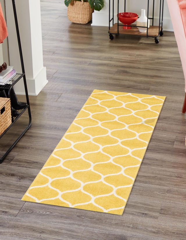 Yellow 2' x 10' Trellis Frieze Runner Area Rug Geometric Modern Unique Stain Resistant Easy Clean Carpet for Living, Dining, Bedrooms, Office for Sale at Rug Engine