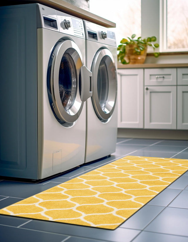 Yellow 2' x 13' 1 Trellis Frieze Runner Area Rug Geometric Modern Unique Stain Resistant Easy Clean Carpet for Living, Dining, Bedrooms, Office for Sale at Rug Engine