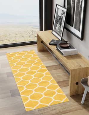 Yellow 2' x 8' 8 Trellis Frieze Runner Area Rug Geometric Modern Unique Stain Resistant Easy Clean Carpet for Living, Dining, Bedrooms, Office for Sale at Rug Engine
