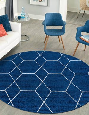 Navy Blue 4' 1 x 4' 1 Trellis Frieze Round Area Rug Geometric Modern Unique Stain Resistant Easy Clean Carpet for Living, Dining, Bedrooms, Office for Sale at Rug Engine