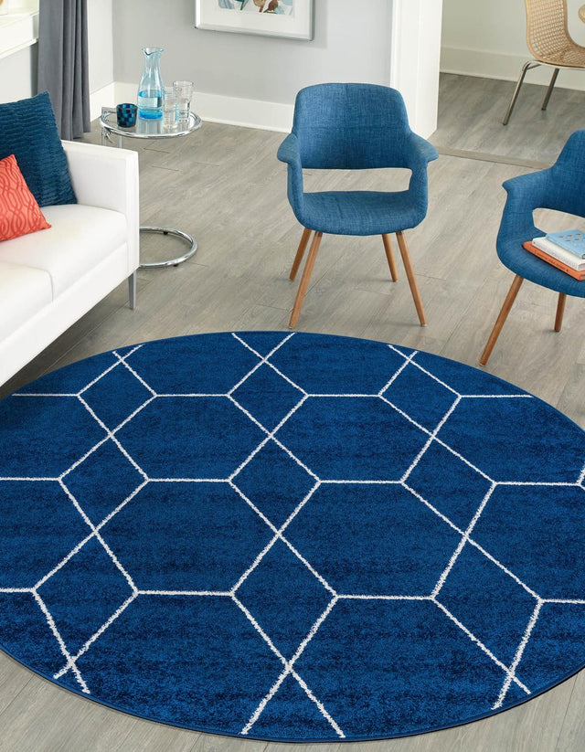 Navy Blue 4' 1 x 4' 1 Trellis Frieze Round Area Rug Geometric Modern Unique Stain Resistant Easy Clean Carpet for Living, Dining, Bedrooms, Office for Sale at Rug Engine