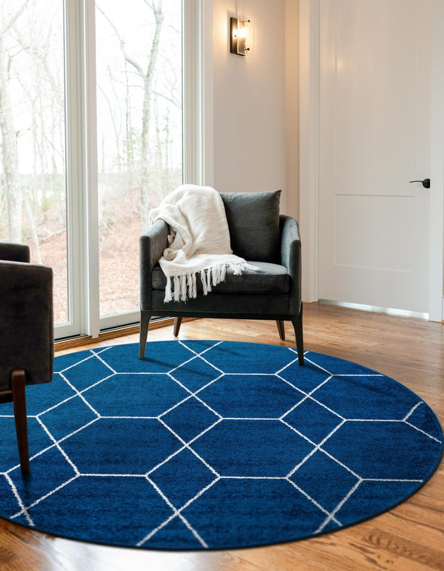 Navy Blue 4' 1 x 4' 1 Trellis Frieze Round Area Rug Geometric Modern Unique Stain Resistant Easy Clean Carpet for Living, Dining, Bedrooms, Office for Sale at Rug Engine