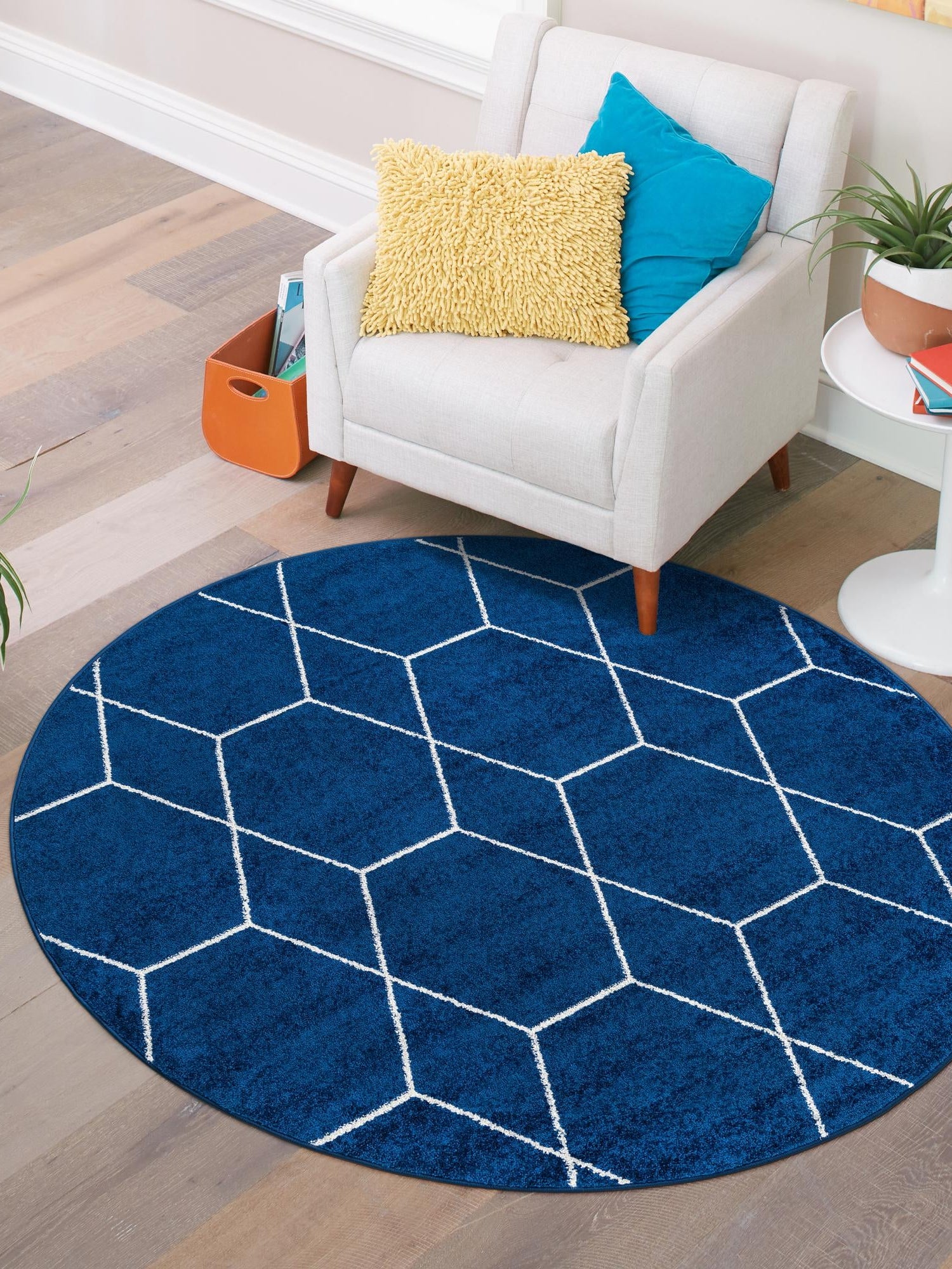 Navy Blue 6' 1 x 6' 1 Trellis Frieze Round Area Rug Geometric Modern Unique Stain Resistant Easy Clean Carpet for Living, Dining, Bedrooms, Office for Sale at Rug Engine