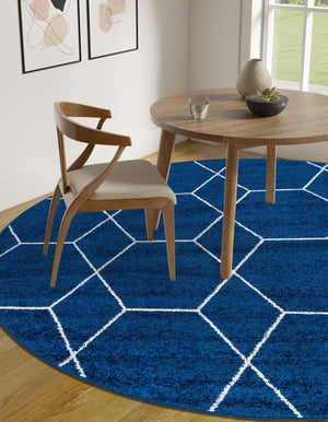 Navy Blue 4' 1 x 4' 1 Trellis Frieze Round Area Rug Geometric Modern Unique Stain Resistant Easy Clean Carpet for Living, Dining, Bedrooms, Office for Sale at Rug Engine