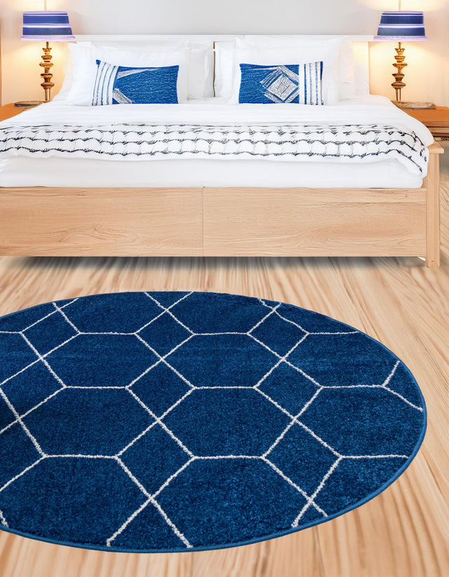 Navy Blue 5' 3 x 5' 3 Trellis Frieze Round Area Rug Geometric Modern Unique Stain Resistant Easy Clean Carpet for Living, Dining, Bedrooms, Office for Sale at Rug Engine