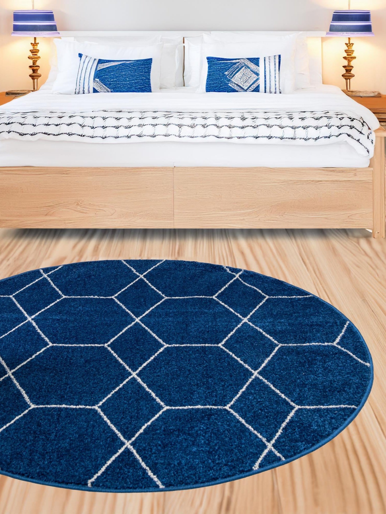 Navy Blue 3' 1 x 3' 1 Trellis Frieze Round Area Rug Geometric Modern Unique Stain Resistant Easy Clean Carpet for Living, Dining, Bedrooms, Office for Sale at Rug Engine