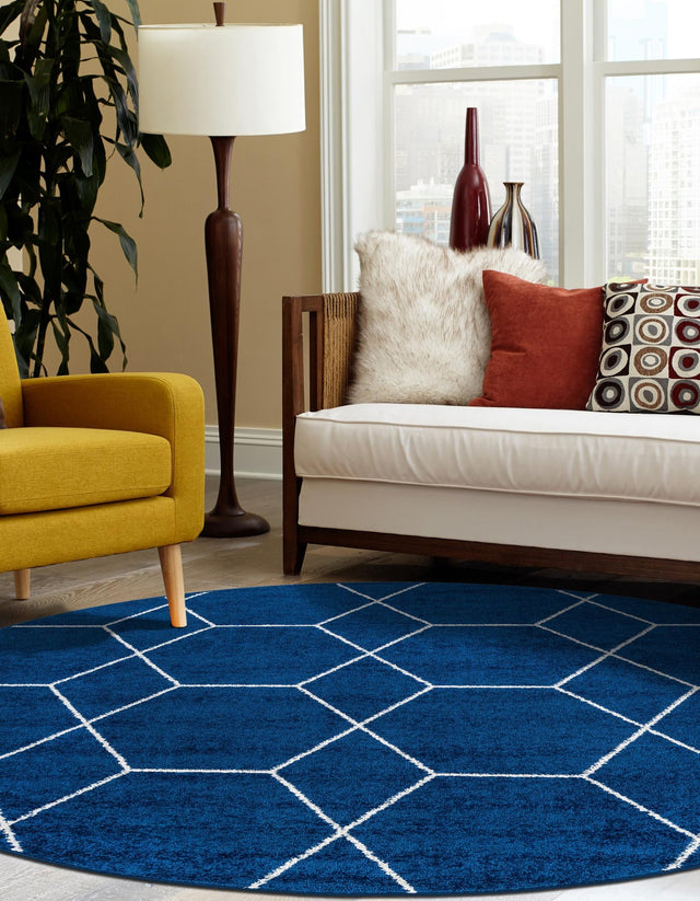 Navy Blue 3' 1 x 3' 1 Trellis Frieze Round Area Rug Geometric Modern Unique Stain Resistant Easy Clean Carpet for Living, Dining, Bedrooms, Office for Sale at Rug Engine