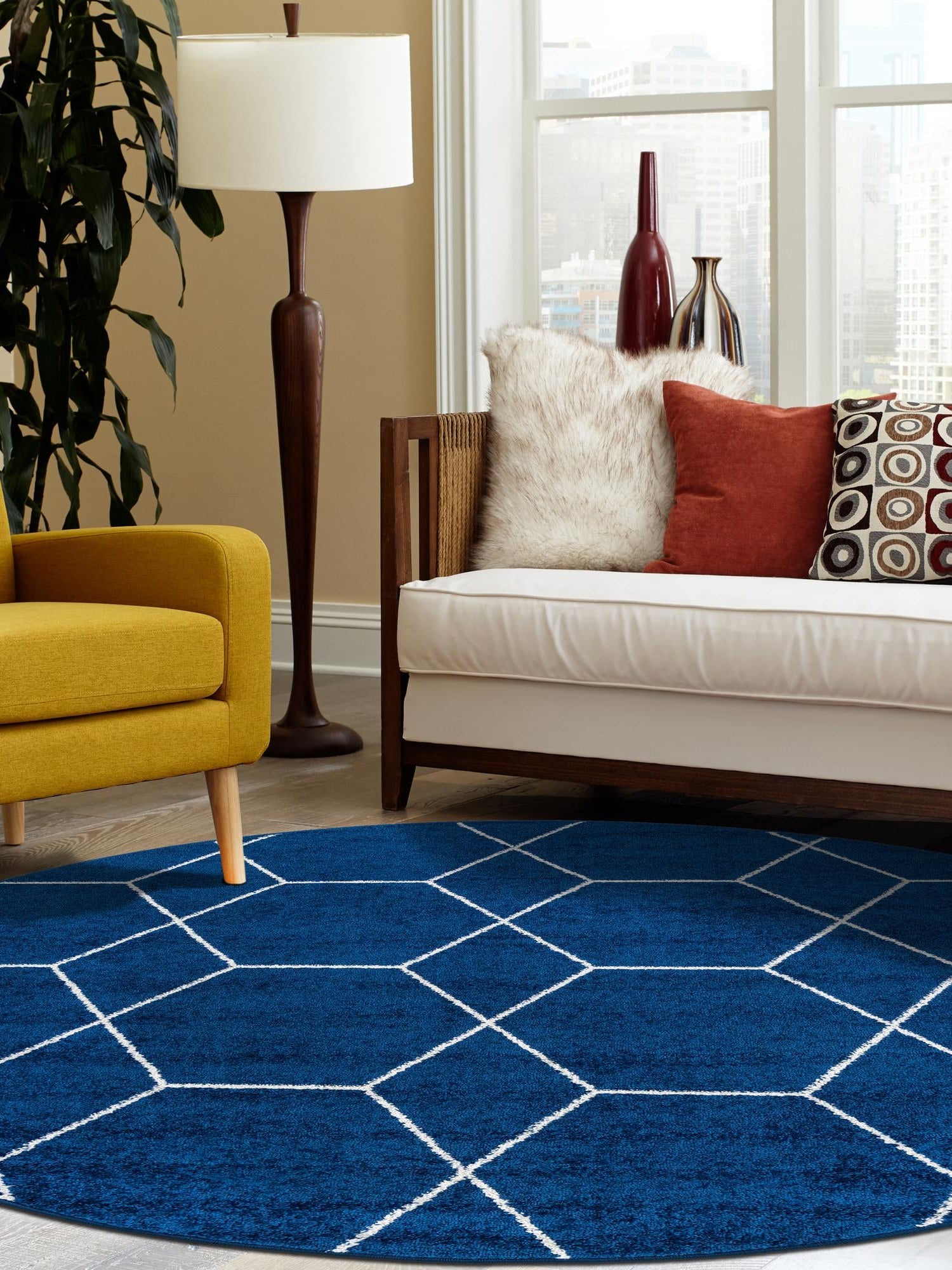 Navy Blue 4' 1 x 4' 1 Trellis Frieze Round Area Rug Geometric Modern Unique Stain Resistant Easy Clean Carpet for Living, Dining, Bedrooms, Office for Sale at Rug Engine