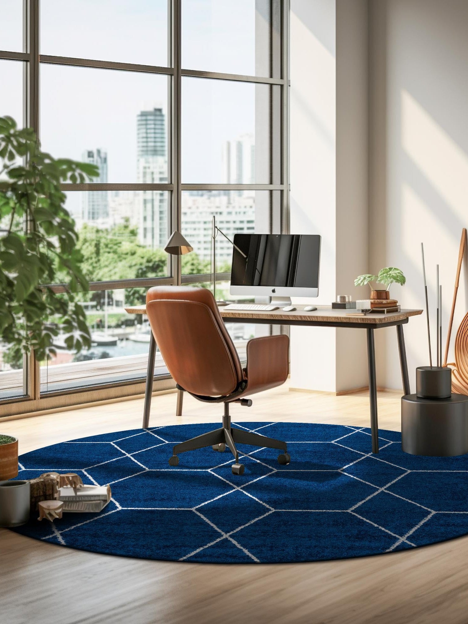 Navy Blue 5' 3 x 5' 3 Trellis Frieze Round Area Rug Geometric Modern Unique Stain Resistant Easy Clean Carpet for Living, Dining, Bedrooms, Office for Sale at Rug Engine