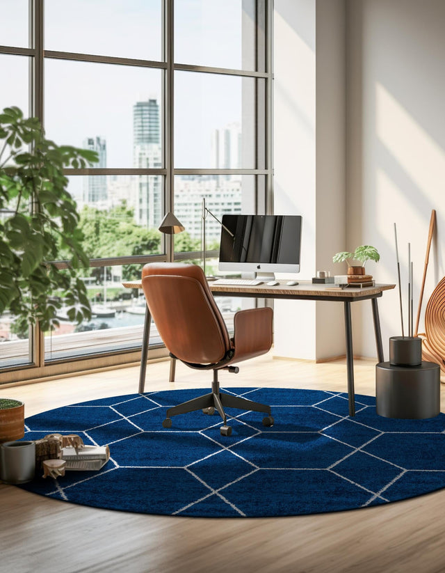 Navy Blue 4' 1 x 4' 1 Trellis Frieze Round Area Rug Geometric Modern Unique Stain Resistant Easy Clean Carpet for Living, Dining, Bedrooms, Office for Sale at Rug Engine