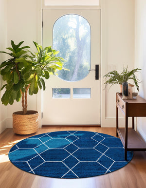 Navy Blue 4' 1 x 4' 1 Trellis Frieze Round Area Rug Geometric Modern Unique Stain Resistant Easy Clean Carpet for Living, Dining, Bedrooms, Office for Sale at Rug Engine